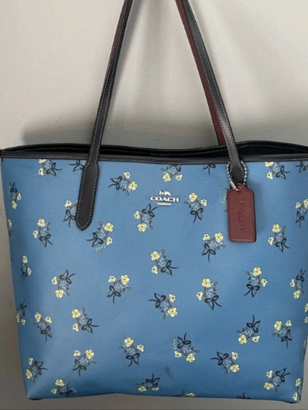 Coach City Tote Blue Floral Bow Print Pebbled Leather Shoulder Bag Large - Picture 16 of 16